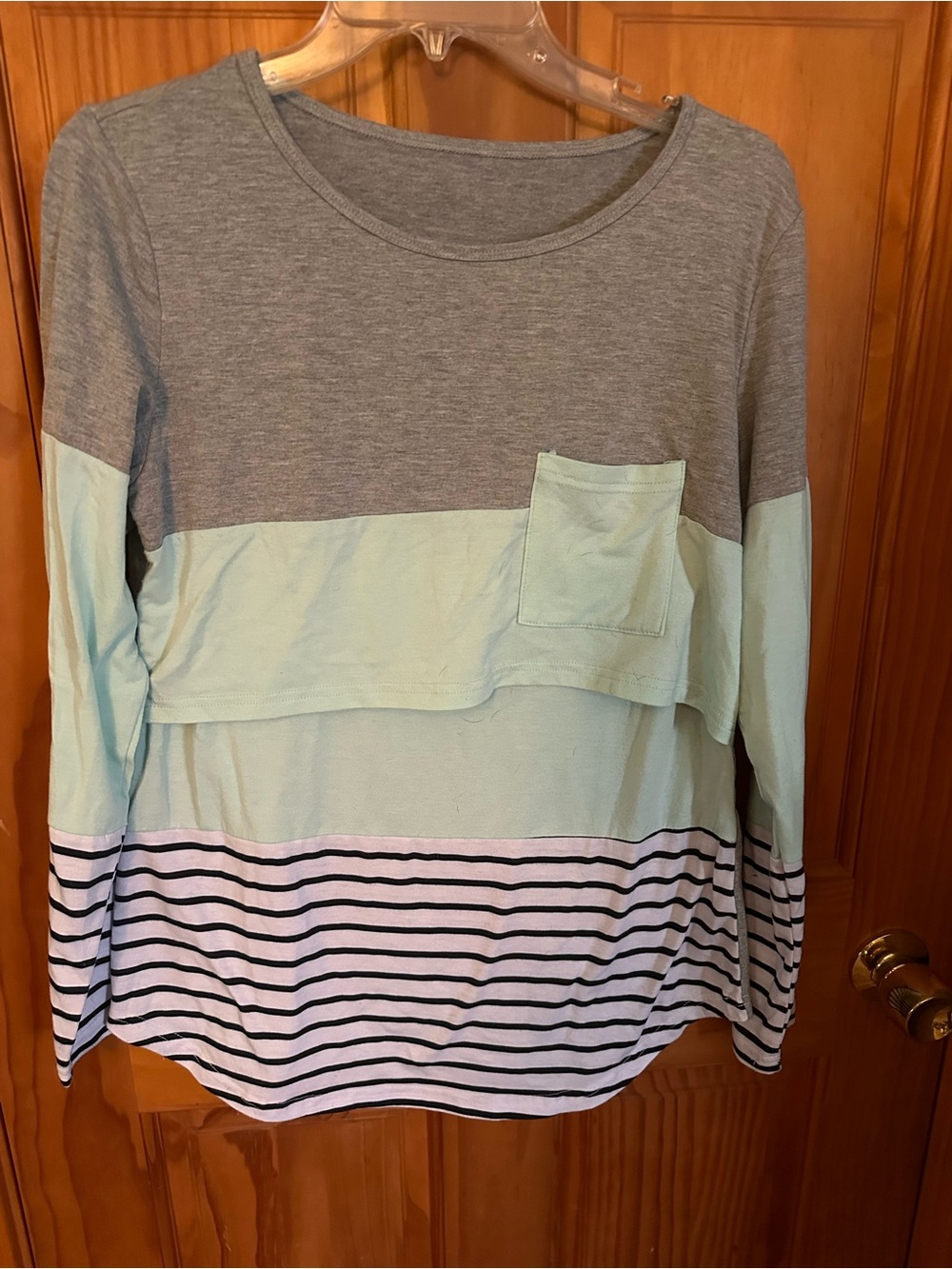 Colorblock Striped Long Sleeve Nursing Top - Gray & Mint